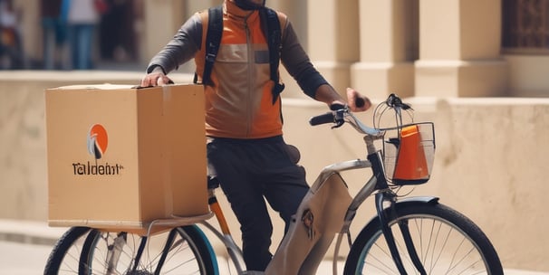 A delivery person wearing a green uniform and helmet rides a scooter with a large green delivery box on the back. The logo 'Grab' is visible on the box and the uniform. The setting appears to be a residential area with a gate, plants, and trees visible in the background.