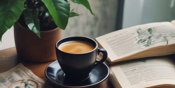 A cup filled with amber-colored tea sits on a light marbled surface. Next to it, there is a green and black box labeled Elixir Slim Amazonite High Quality CBD. A blurred green plant is in the foreground, and a small clear bag with a logo is nearby.
