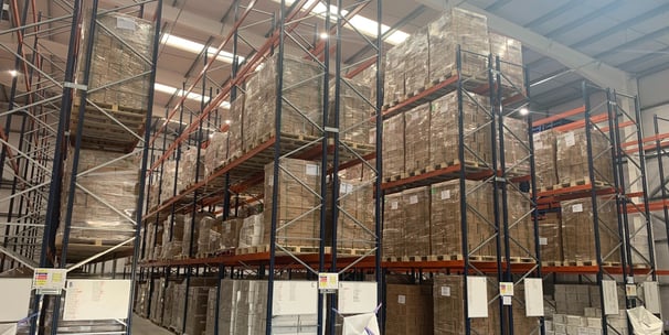 tall pallet racking in narrow aisle configuration with rack end protectors  