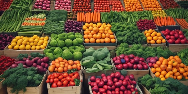 Rows of lush, green leafy vegetables are growing in a neatly organized garden or farm. The vibrant shades of green indicate healthy and thriving plants. Irrigation pipes and pathways are visible, suggesting a well-maintained agricultural setup.