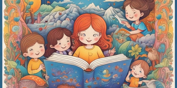 Five young children appear to be reading from various colorful books with illustrations on the covers. The children are seated closely together, engrossed in their books. Each child has distinct hair color and expression, contributing to a playful and whimsical atmosphere.