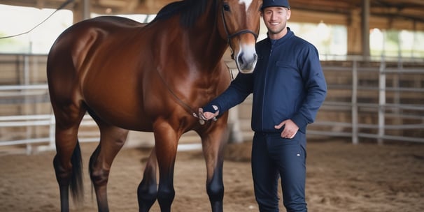 A person is riding a horse on a gravel surface inside a fenced area. The rider is wearing a helmet and casual riding clothes. The horse is primarily white with dark patches. In the background, two people are standing by a wooden gate, surrounded by lush green trees and foliage.