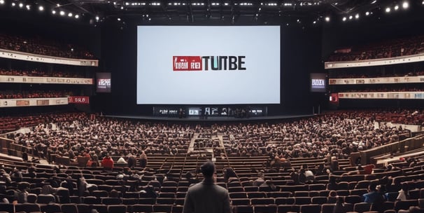 a man standing in front of a large screen in a large auditorium