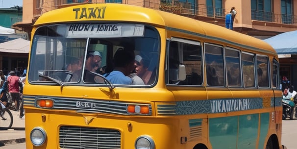 A vintage vehicle is inside a garage or station, with a suitcase on its roof. A sign reading 'FOR HIRE' is illuminated at the front. The background shows steel beams and a hanging light fixture, suggesting an industrial or rustic setting.