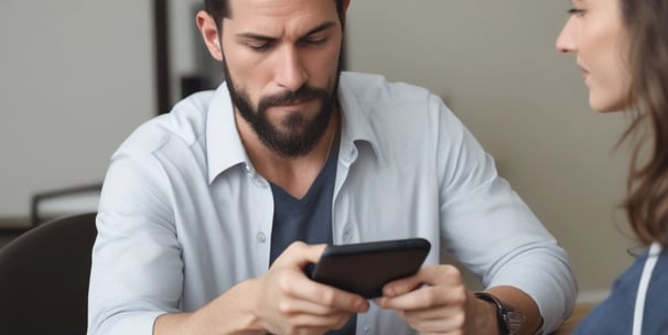 A smartphone displaying an application interface with various diagnostic tools is placed on a surface scattered with dark cylindrical objects resembling large batteries or tools. Beside the phone is a small black device with a label that includes text and a phone number.