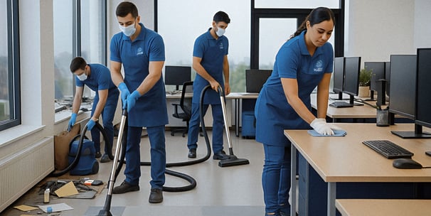 Nexa Pro cleaning desks and breakroom area in office
