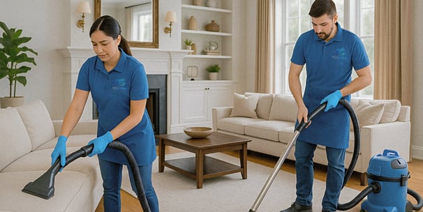 NexaPro team performing residential living room cleaning with vacuum and gloves in Louisville home