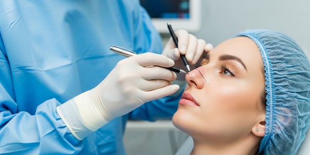  A person in a surgical cap with their eyes open is having their nose marked with a pen by a gloved hand, likely