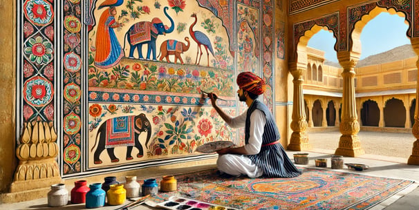 An artist creating vibrant patterns on a rug within the elegant surroundings of an Indian palace.