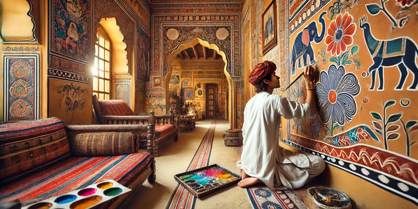 An artist is engaged in painting a colorful design on the wall of an Indian-style room.