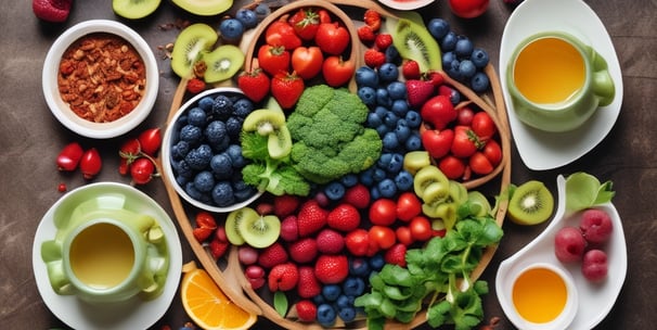 A kitchen countertop features various healthy food items including protein bars on a slate tray, a jar of yellow hummus, a wooden spoon, and a mug with a heart design. Packages of Alver Easy Protein powder are visible in the background. Fresh herbs, a bowl of blueberries, a container with seeds, strawberries, cherry tomatoes, and an avocado are also present, suggesting a focus on natural ingredients.