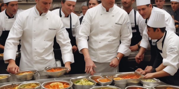 A group of chefs wearing white uniforms and hats are working in a circular kitchen station, preparing various foods. The area is filled with a variety of ingredients and dishes, including fruits, chocolate fountains, and pastries. The surrounding area has a wooden floor and a few plants.