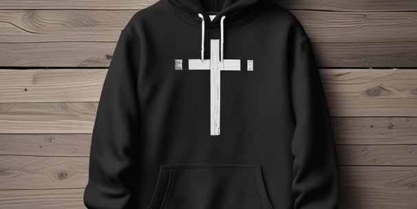 A folded yellow hoodie with a design reading 'COME THRU JESUS' in large, bold yellow letters on a black background. A blue tag attached to the hoodie reads 'FRESH HOPE APPAREL'. The hoodie is placed on a wooden surface.