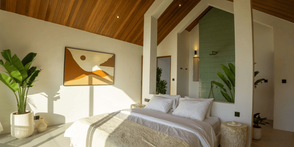Cozy bedroom with wooden ceiling and an open shower with green tiles