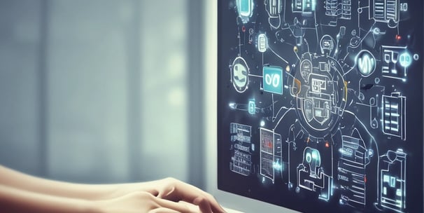 An empty, well-lit, modern operating room with white walls and ceiling. Various surgical lights and equipment are suspended from the ceiling. The room has a clean and sterile appearance with closed doors and built-in shelves.