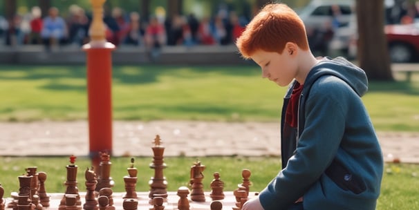 A group of people engaged in a chess game outdoors, with several chess boards set up on tables under colorful umbrellas. One man appears to be making a move while another watches intently. Spectators stand and sit around, creating a lively and focused atmosphere.