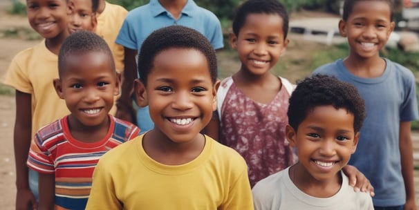 A group of five children stands together on a grassy area, smiling and holding each other in a friendly pose. Three of the children wear shirts with the words 'THE FUTURE,' suggesting a message of optimism and aspiration. The background features a crowd of people, indicating a public or community event.