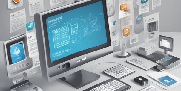 a desk with a computer and speakers on it