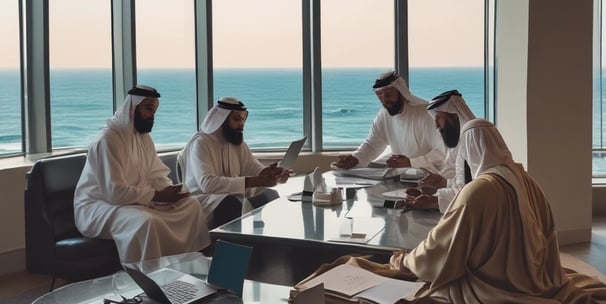 A modern, multi-story building under construction is centrally featured. The facade is primarily white, with large glass sections and several balconies. Surrounding the building are construction materials, including stacks of stone slabs. Advertising banners with colorful designs are visible on the building, and partly cloudy skies are overhead.