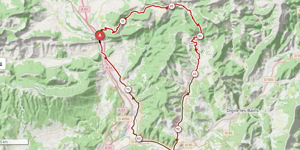 Image du tracé gps du parcours du tour de fontbelle en partant du magasin bike corner sisteron