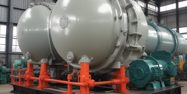 A section of an industrial facility featuring two blue valve handles on a large metal pipe system. The metal pipes are supported by concrete structures. Surrounding the pipes are green plants with leaves growing in the area, adding a touch of nature to the industrial setting. The background shows a slatted structure that allows light to filter through.