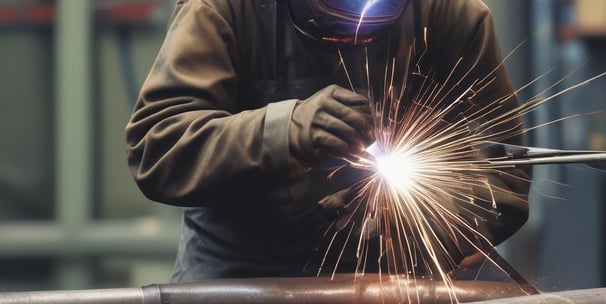 Several individuals are working in a workshop on assembling or painting metal frames. The room is illuminated by multiple circular lights, creating a bright atmosphere. The workers are dressed in overalls, suggesting an industrial or manufacturing setting.