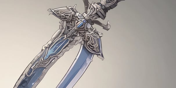 A detailed figure of an anime character with blonde hair is portrayed wearing a stylized outfit consisting of a blue and white sailor-style top and skirt, along with thigh-high stockings. The character is holding a large, ornate sword with intricate details. Antenna-like structures are part of the character's headgear, contributing to a futuristic or robotic design.