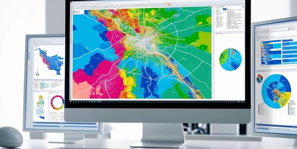 A map on a center monitor with two panels beside it, showing data.