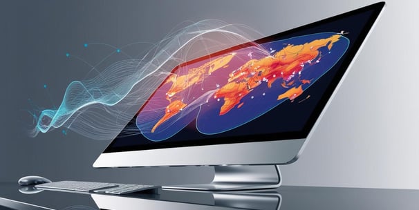 An artistic image of data streaming into a monitor which shows a map.