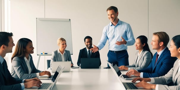 An AI image of a person giving a presentation to fellow team members on Geospatial Intelligence projects.