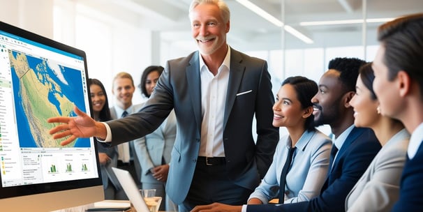 An instructor points to a map on a monitor, teaching a group of business people.