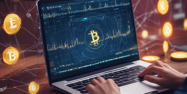 A stack of shiny, gold-like cryptocurrency coins featuring the logos of Ethereum and Bitcoin. The coins have a metallic sheen, with the Ethereum coin displaying a triangular symbol and Bitcoin displaying a 'B' with two vertical lines running through it.