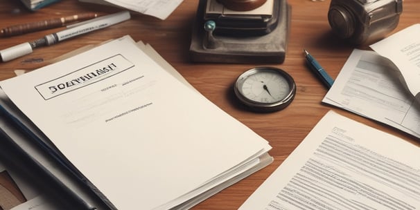A workspace setting with financial documents, a black calculator displaying numbers, a cup of black coffee on a saucer, an orange highlighter, and a blue pen on a table.