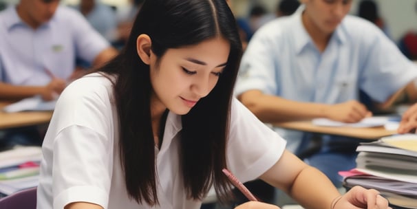 A group of children is seated at tables in a modern classroom or learning center, using tablets and wearing face masks. The environment is bright and airy with large windows and advanced equipment around the room. A teacher or instructor is present, providing guidance.