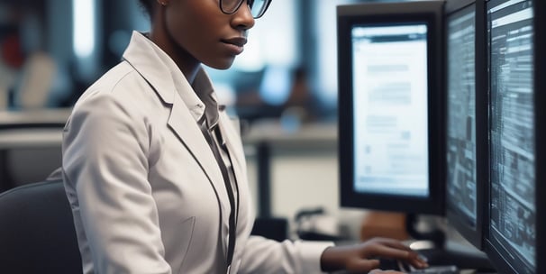 A person wearing safety glasses and gloves operates a scientific instrument, possibly in a laboratory setting. They hold a small vial near a device labeled 'Applied Nanofluorescence' while a computer monitor shows data graphs and charts in the background.