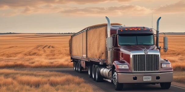 A large semi-truck with a trailer is parked on a gravel road. The trailer carries a cylindrical object. The sky is expansive with a backdrop of a colorful sunset, casting orange and pink hues against the wispy clouds.