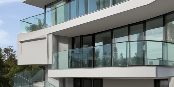 A close-up view of metallic railings and glass panels with sunlight creating reflections. A blurred background shows the outlines of an electrical pole and cables against a clear blue sky.