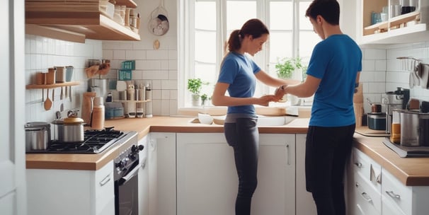 a man and woman in a kitchen preparing to cook