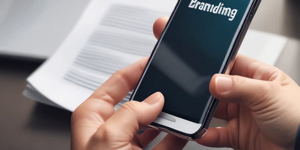 A hand holding a smartphone displaying a webpage titled 'Creating a Brand' with navigation options like Home, Discovery, Members, and Topics. The background is out of focus, providing a neutral setting.