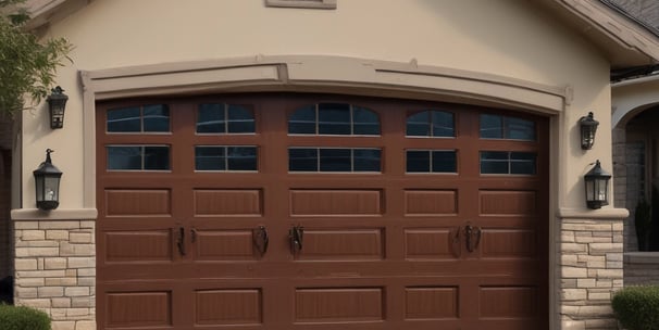 A decorative garage door with horizontal stripes in a variety of bright colors. Above the door is a sign with blue letters reading 'Humber'. The building facade is light-colored and the ground is paved.