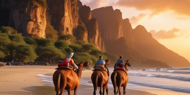 Krisa Travel Agent Guet group riding horses on a beach