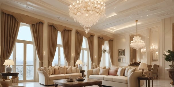 Luxurious living rooms with elegant chandeliers, modern beige sofas and floor-to-ceiling curtains.