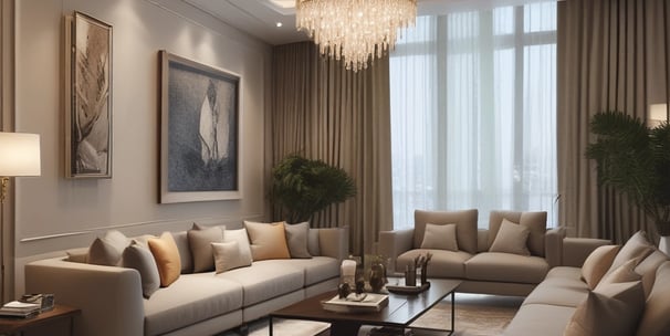 Elegant and spacious living room interiors featuring neutral-toned furniture and crystal chandeliers