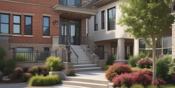 A luxurious beachfront property with a large, elegant building set behind a pristine sandy beach. Palm trees and small thatched structures provide shade along the shoreline. The sea in the foreground is calm and blue, contrasting with the light-colored architecture of the estate.