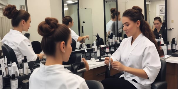 A woman is getting her makeup and hair done by two stylists in a well-lit room with a large window in the background. She is smiling and appears to be enjoying the process. The setting is elegant with a cozy and intimate atmosphere.
