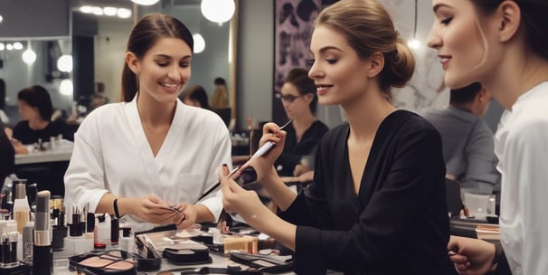 A makeup artist is applying cosmetics to a woman seated in an outdoor setting. The woman has shoulder-length wavy hair and is sitting calmly with her eyes closed, while the artist is intently focused on her work. There is greenery in the background and an open doorway, suggesting this is taking place possibly outside a salon or shop.