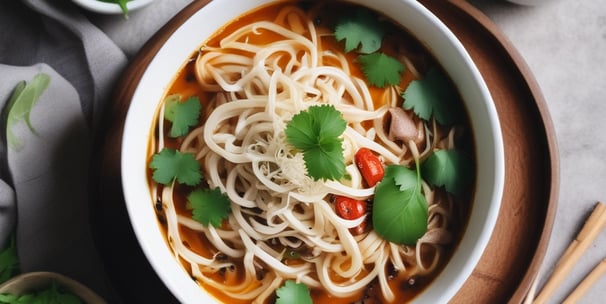 A close-up of a hand holding a cardboard container filled with grilled meat and noodles, adorned with a small flag resembling the Thai national flag.