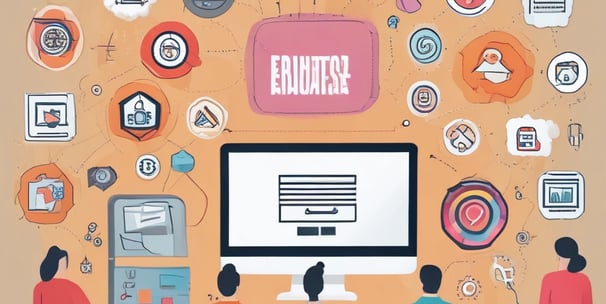 Two individuals stand in front of a whiteboard covered with multicolored sticky notes and arrows. One person points towards the whiteboard, which has handwritten words like 'User-Generated Content', 'Engagement', 'Event', and 'Social Wall'. The setting appears to be a collaborative or educational environment.