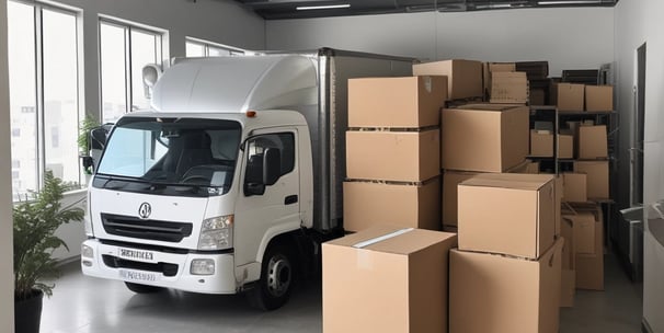 A large moving truck is parked on a residential street in front of a house with beige siding and white garage door. The truck is branded with 'Los Angeles Transfer And Storage,' featuring contact information and graphics of a city skyline. The sky is overcast, and the street is empty.