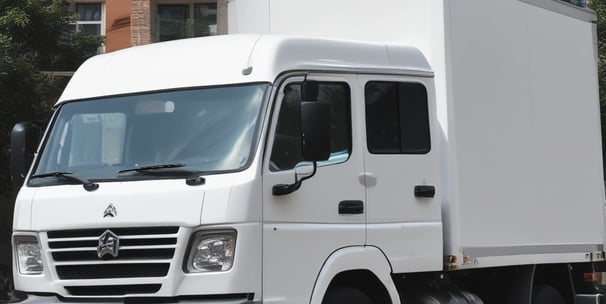 Several moving trucks from Divine Moving & Storage Ltd are parked along a street lined with trees. The trucks are large and blue, with company logos and contact information visible. A painting detail is incorporated into the truck design. The street has a sidewalk with some water reflecting the surroundings.